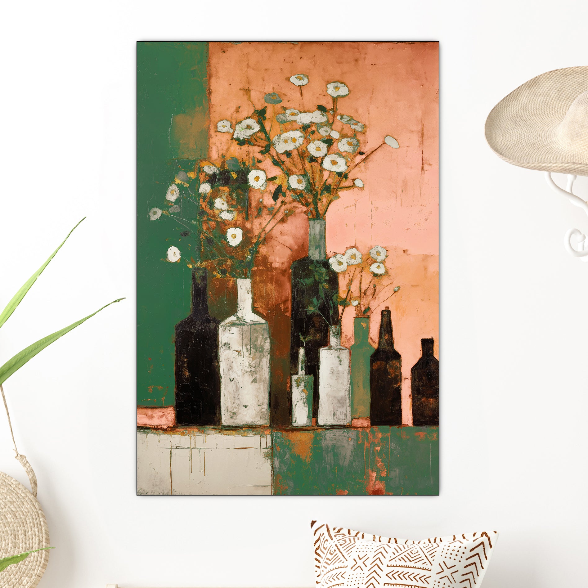 Stilllife in green & Bottles and flowers