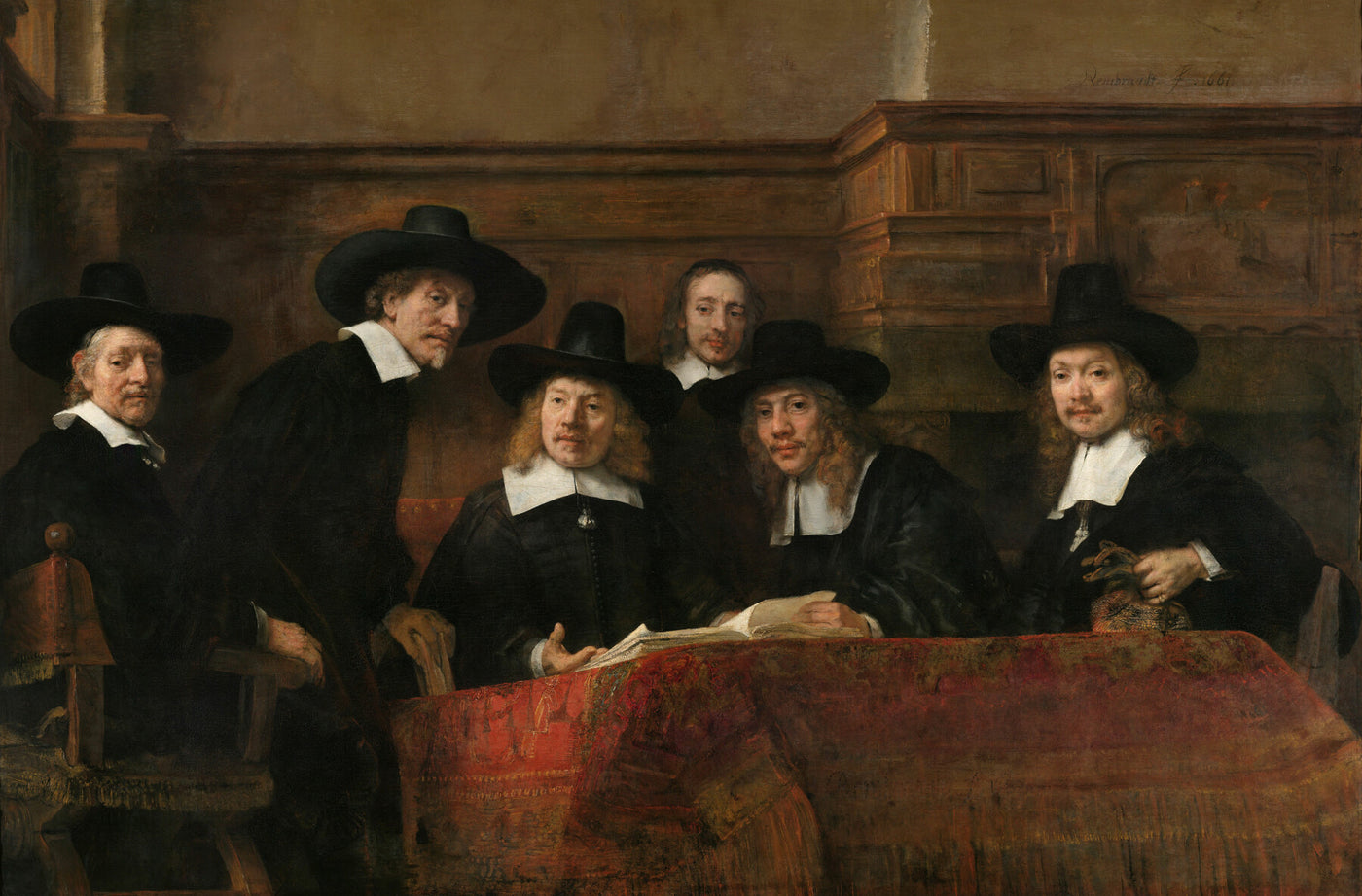 Die Gastwirte der Amsterdamer Tuchmacherzunft, bekannt als "Die Stahlmeister", Rembrandt van Rijn, 1662
