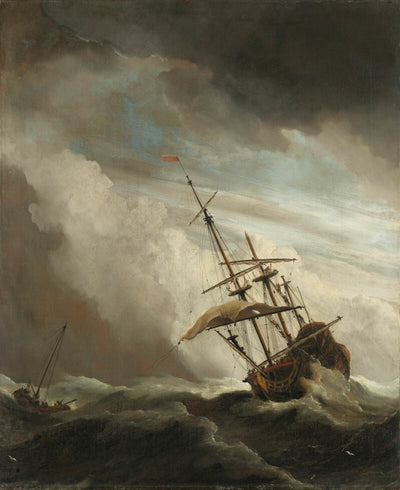 Ein Schiff auf offener See während eines fliegenden Sturms, bekannt als "Der Windstoß", Willem van de Velde (II), ca. 1680