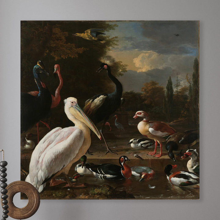 Ein Pelikan und andere Vögel in der Nähe eines Wasserbeckens, bekannt als "Die schwimmende Feder", Melchior d'Hondecoeter, um 1680