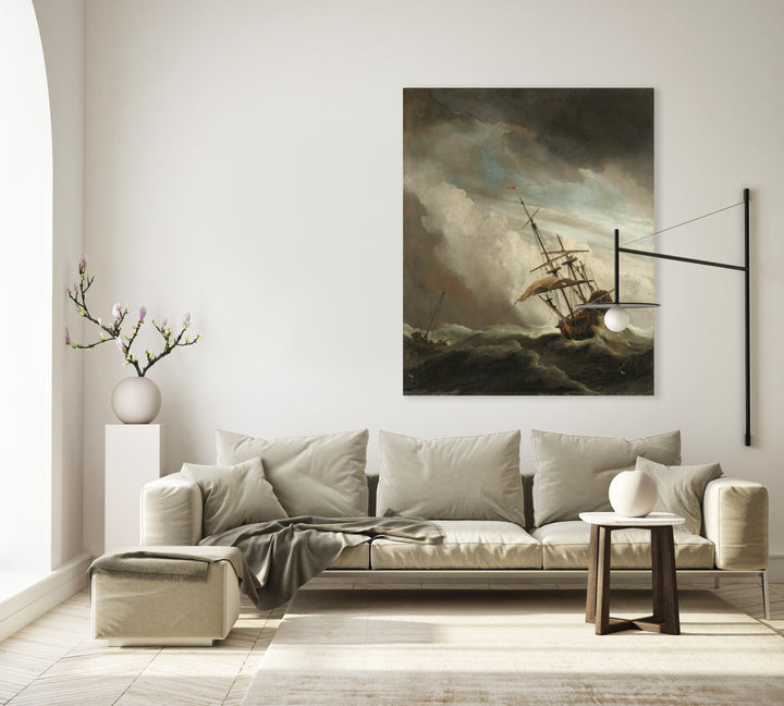 Ein Schiff auf offener See während eines fliegenden Sturms, bekannt als "Der Windstoß", Willem van de Velde (II), ca. 1680