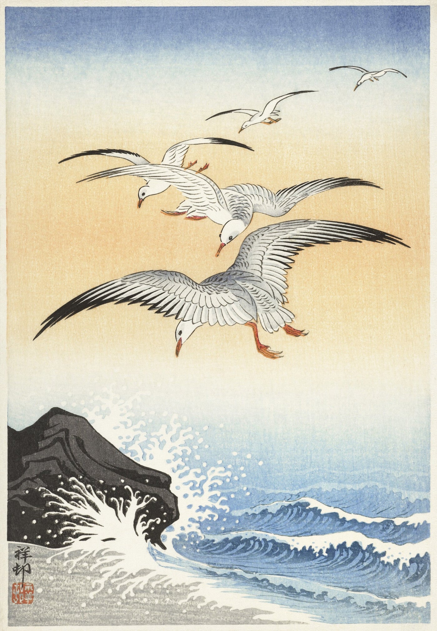 Fünf Möwen über stürmischer See (1900 - 1930) von Ohara Koson