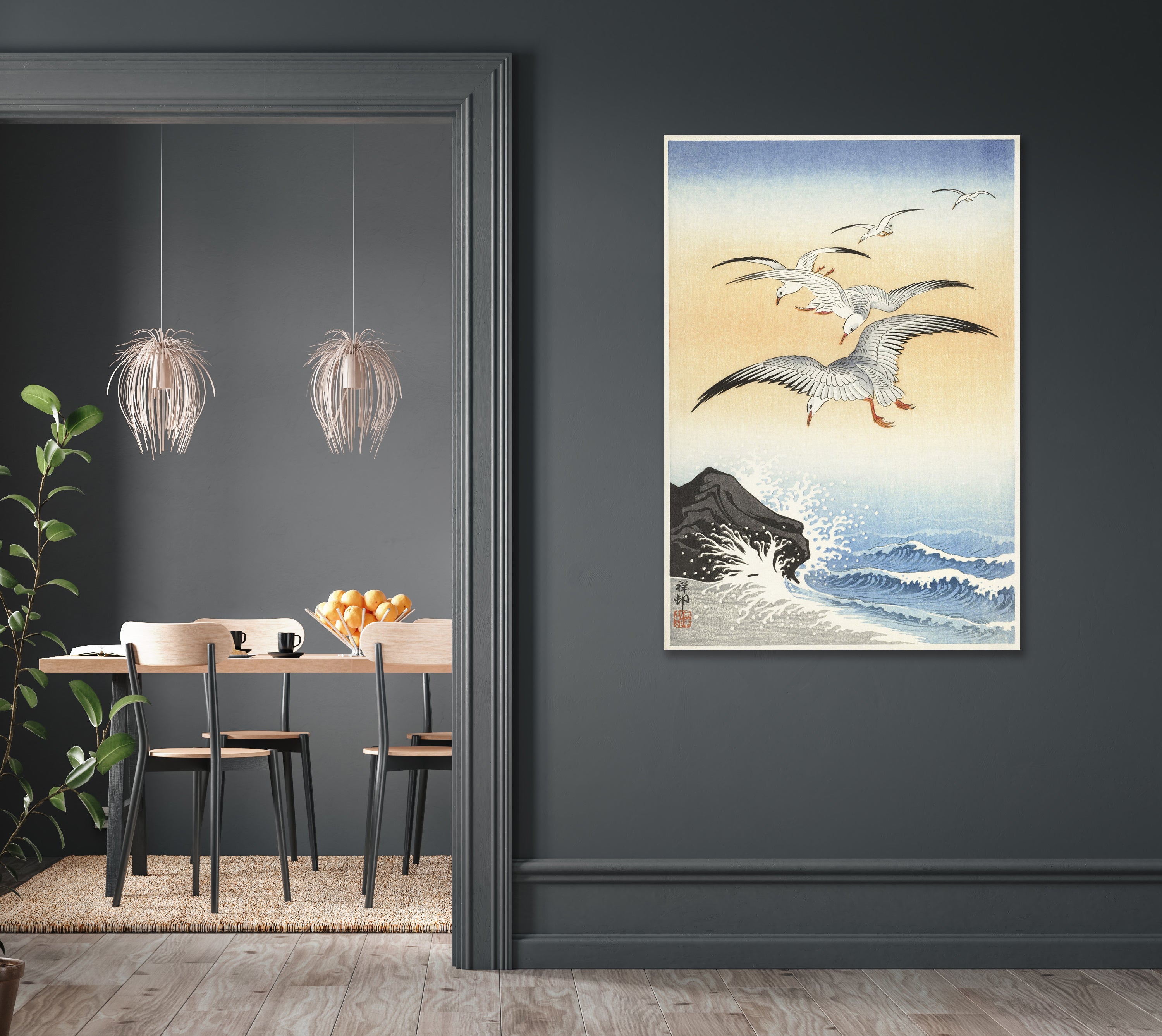 Fünf Möwen über stürmischer See (1900 - 1930) von Ohara Koson