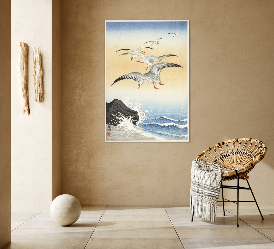 Fünf Möwen über stürmischer See (1900 - 1930) von Ohara Koson