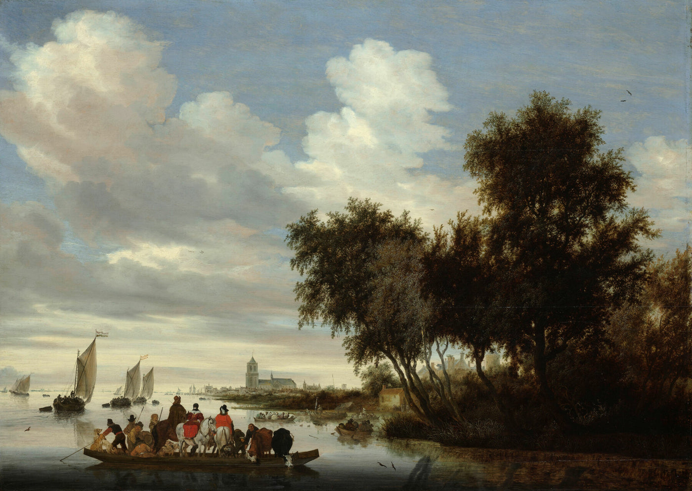 Flusslandschaft mit einer Fähre, Salomon van Ruysdael, 1649