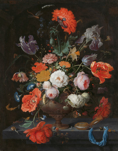Stilleben mit Blumen und einer Uhr, Abraham Mignon, ca. 1660 - ca. 1679