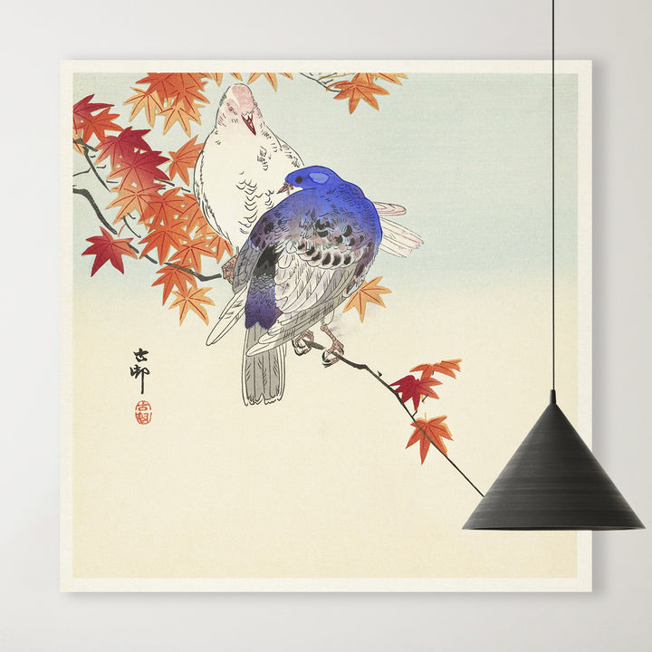 Zwei Tauben auf einem Herbstzweig (1900 - 1936) von Ohara Koson