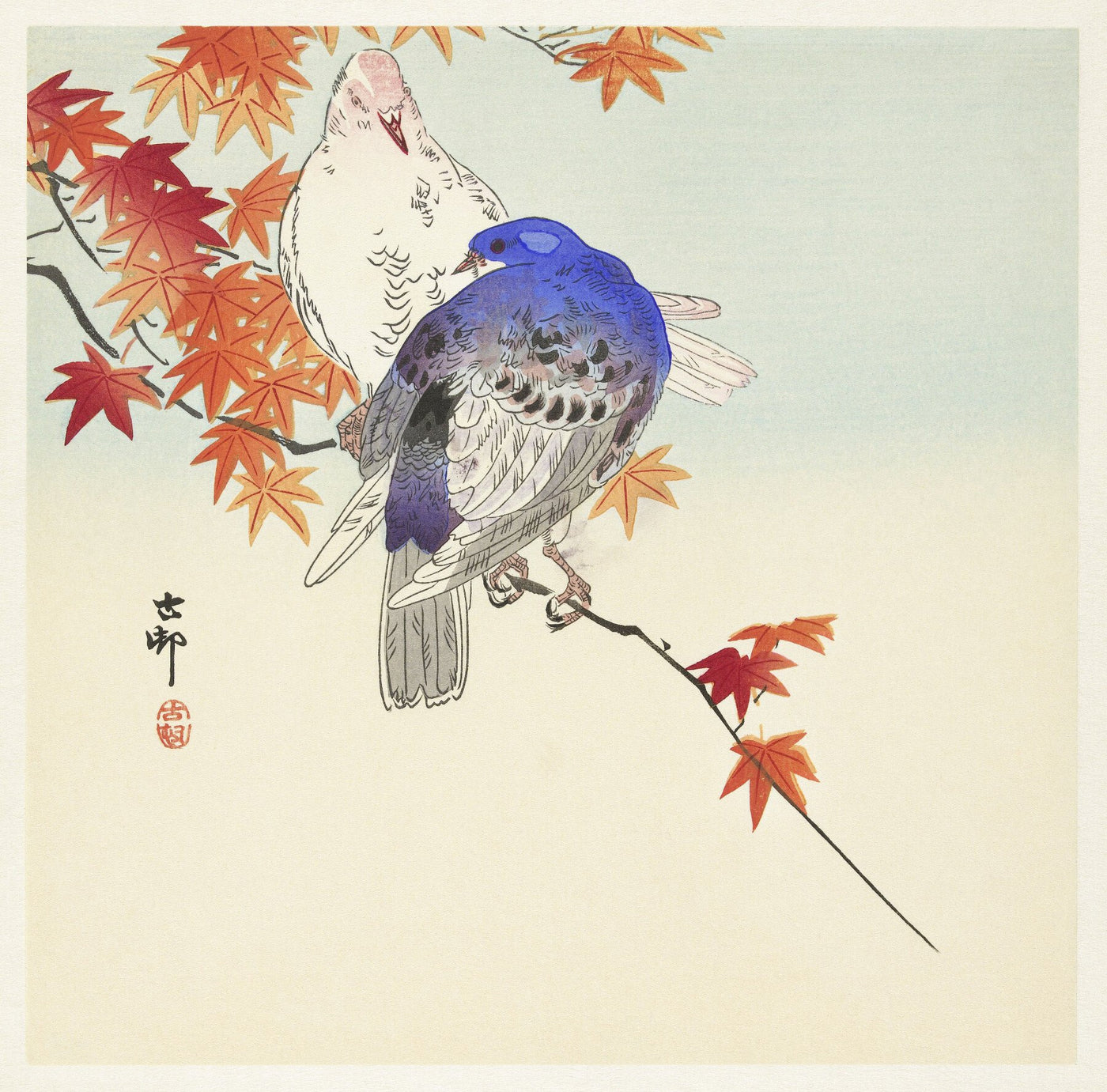 Zwei Tauben auf einem Herbstzweig (1900 - 1936) von Ohara Koson