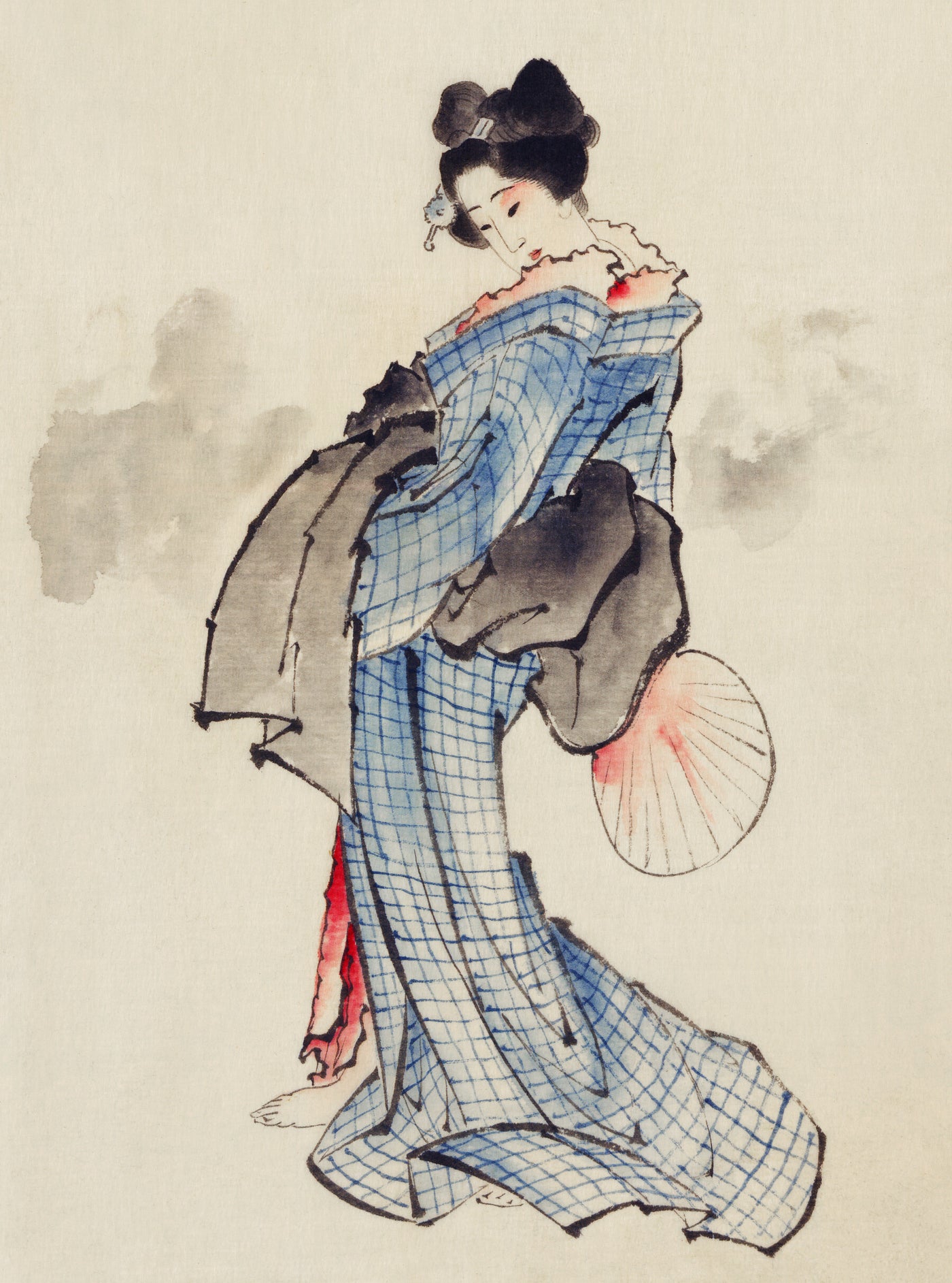 Frau, Ganzkörperporträt, stehend, nach links gewandt, Fächer in der rechten Hand haltend, Kimono mit Karomuster von Katsushika Hokusai tragend