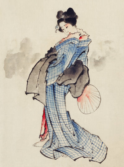Frau, Ganzkörperporträt, stehend, nach links gewandt, Fächer in der rechten Hand haltend, Kimono mit Karomuster von Katsushika Hokusai tragend